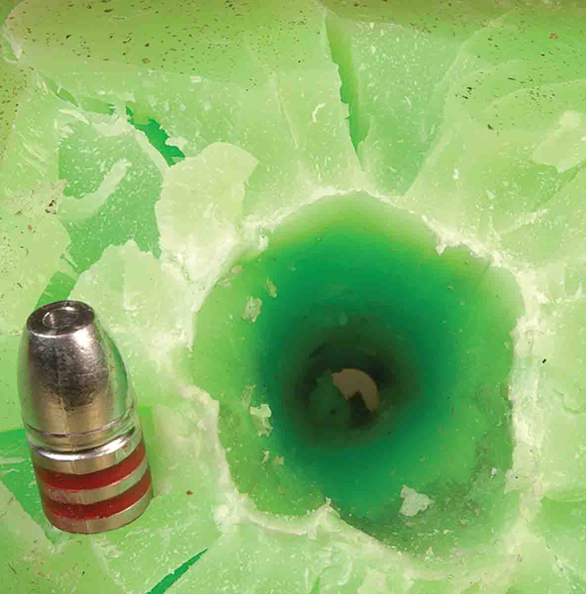 The hollowpoint Gould’s bullet tore a wide hole in ballistic wax. Penetration was about 7 inches. The bullet penetrated to about twice that depth in two whitetail deer.